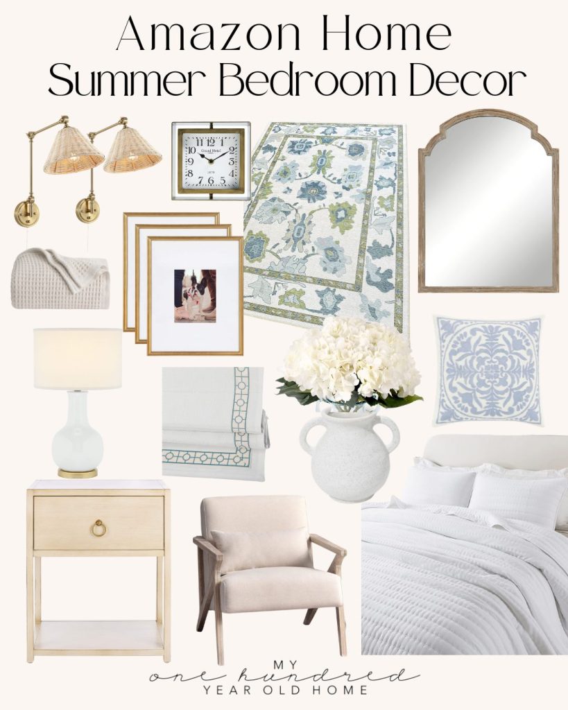 A collage of summer bedroom decor items from Amazon Home, perfect for an Airbnb Waco listing, featuring wall art, mirrors, a chair, lamp, bed linens, rugs, towels, and various decorative pieces in light, neutral tones.