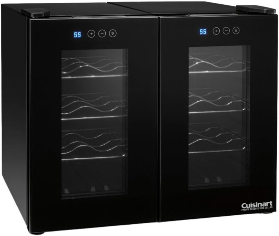 A black dual-zone Cuisinart home wine cellar with digital temperature displays and glass doors showing empty interior racks.