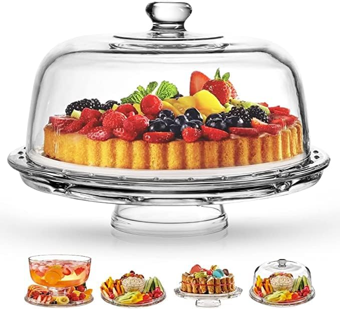 A glass cake stand with a dome lid showcases a fruit-topped tart, perfect for serving your easy cake recipe. Below, four smaller images show the stand used for punch, snacks, a cake, and as a covered platter.
