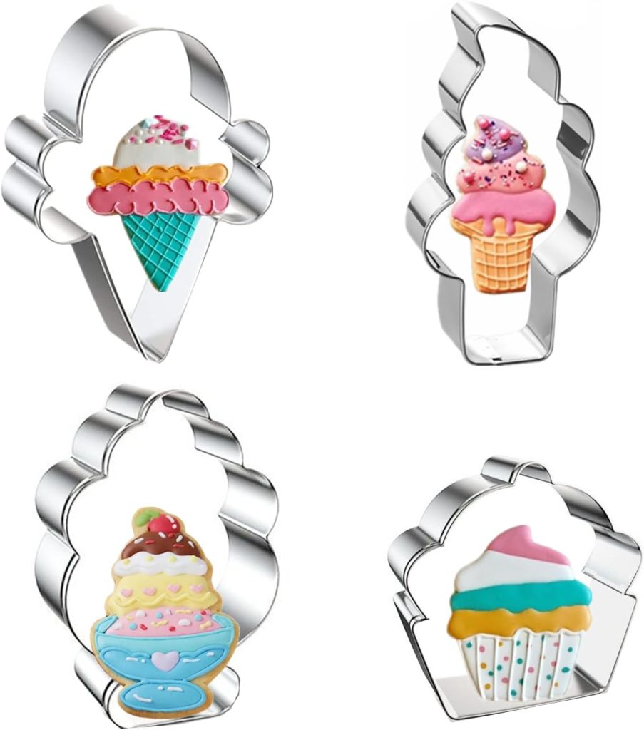 Four metal cookie cutters shaped like ice cream cones, a sundae dish, and a cupcake, each paired with a decorated cookie matching its shape—perfect for adding fun to your next easy cake recipe.