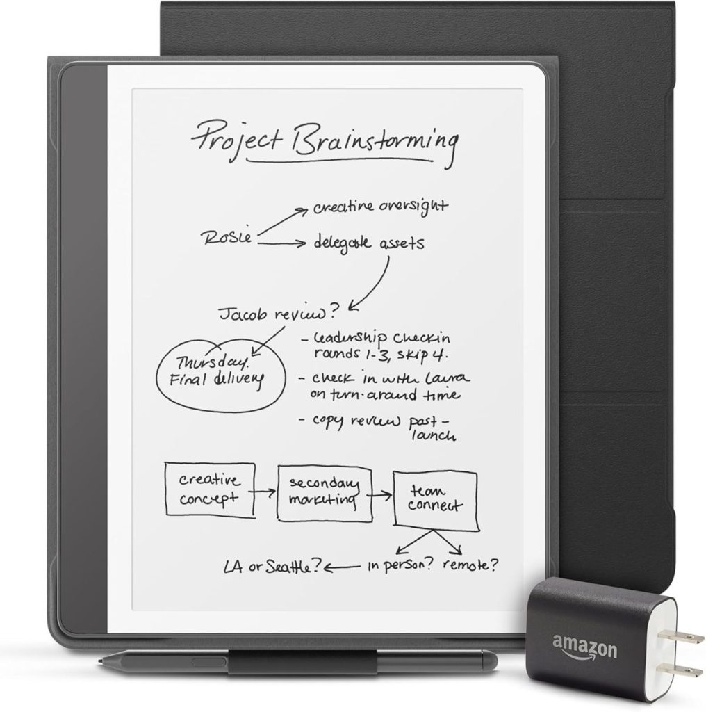 A digital notepad displays handwritten notes titled "Project Brainstorming," next to a stylus, a black cover, an Amazon-branded wall charger, and a recipe card for pink lemonade pie.