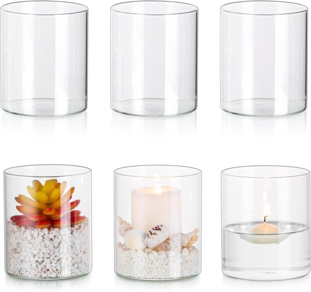 Six glass cylindrical vases are shown; the top row is empty, while the bottom row features decorative arrangements with succulents, shells, pressed flowers, and lit candles.
