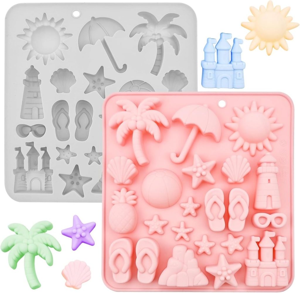 Two silicone molds with various beach-themed shapes, perfect for your next easy cake recipe. Includes a palm tree, umbrella, sun, sandcastle, lighthouse, flip-flops, pineapple, and starfish in soft pastel colors.