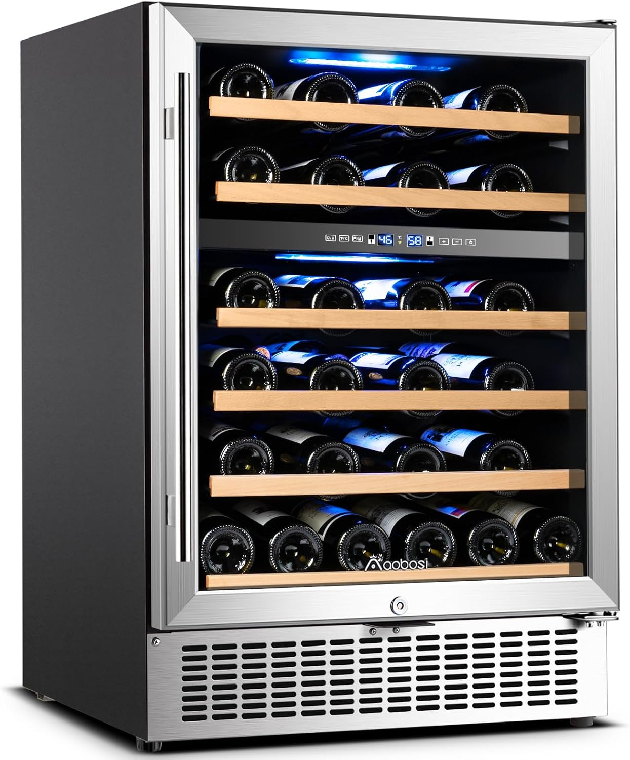 A stainless steel wine cooler with a glass door displays multiple shelves holding wine bottles, featuring digital temperature controls—an elegant addition to any home wine cellar.