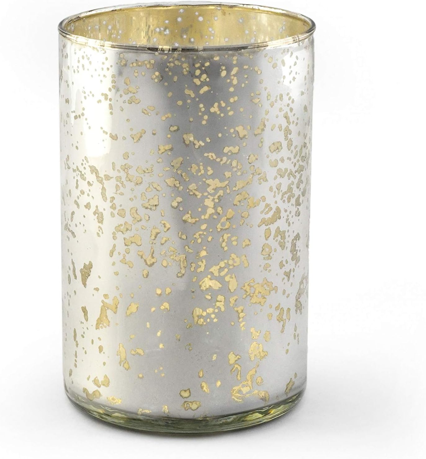 A cylindrical glass candle holder with a reflective silver finish and scattered gold speckles, perfect for adding a touch of elegance to your home wine cellar, shown against a white background.