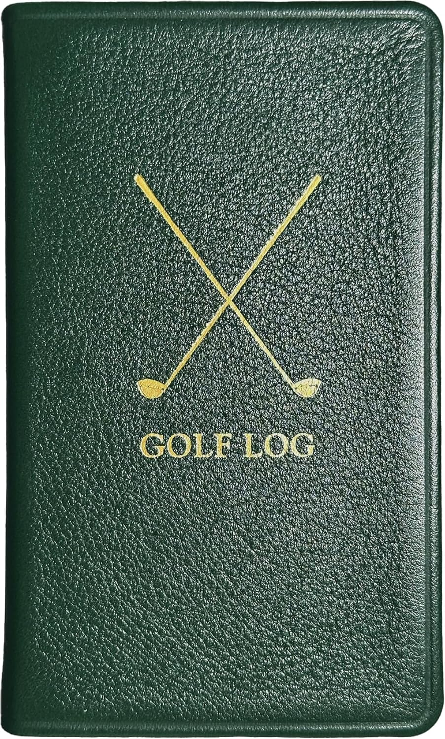 A dark green leather-bound notebook with two crossed golf clubs and the words "GOLF LOG" embossed in gold on the cover—perfect for tracking your progress, whether you're practicing at the course or on your backyard putting green.