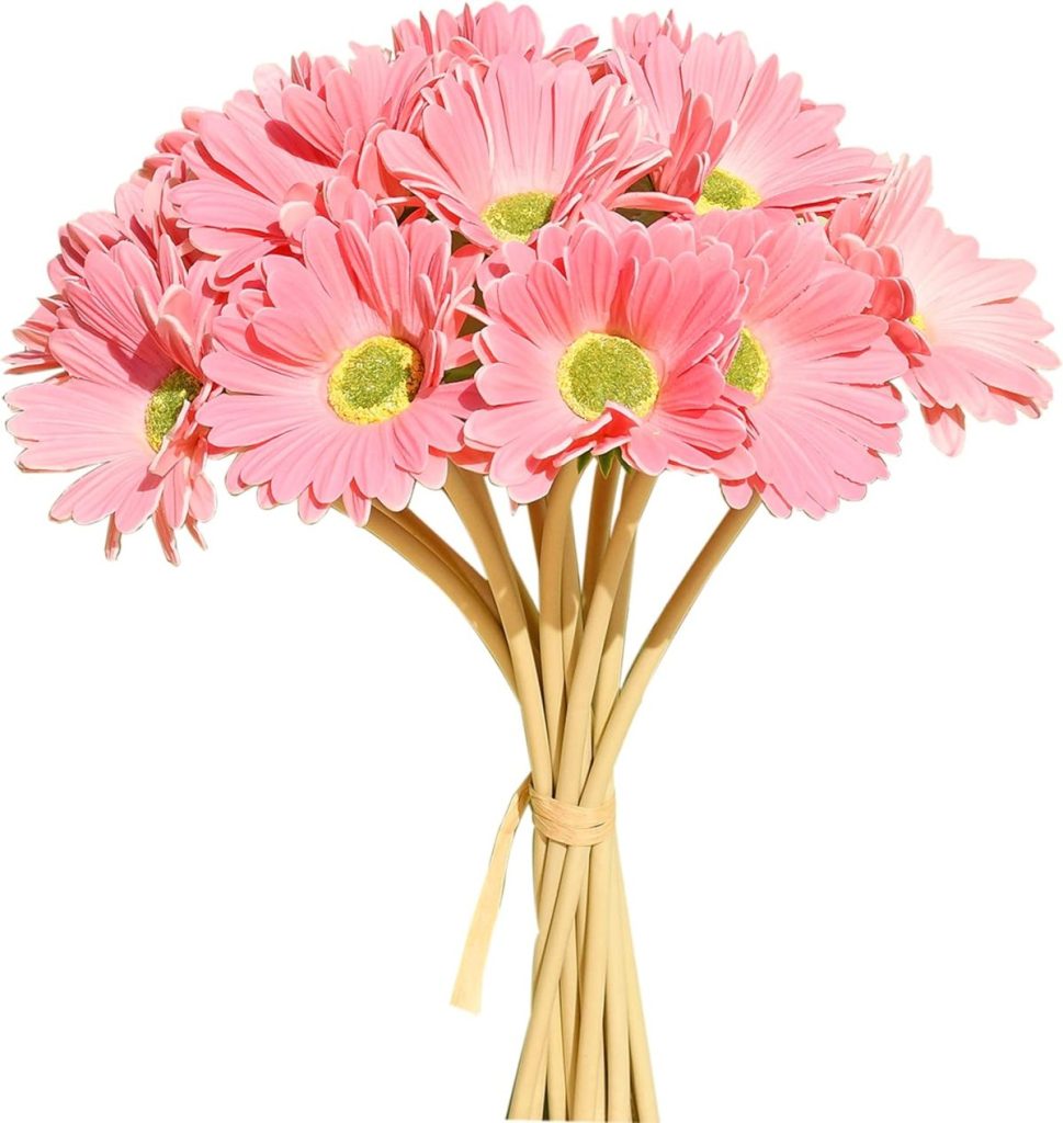 A bouquet of pink daisies with yellow-green centers, tied together with a tan ribbon against a white background, evokes the breezy charm of a summer beach.