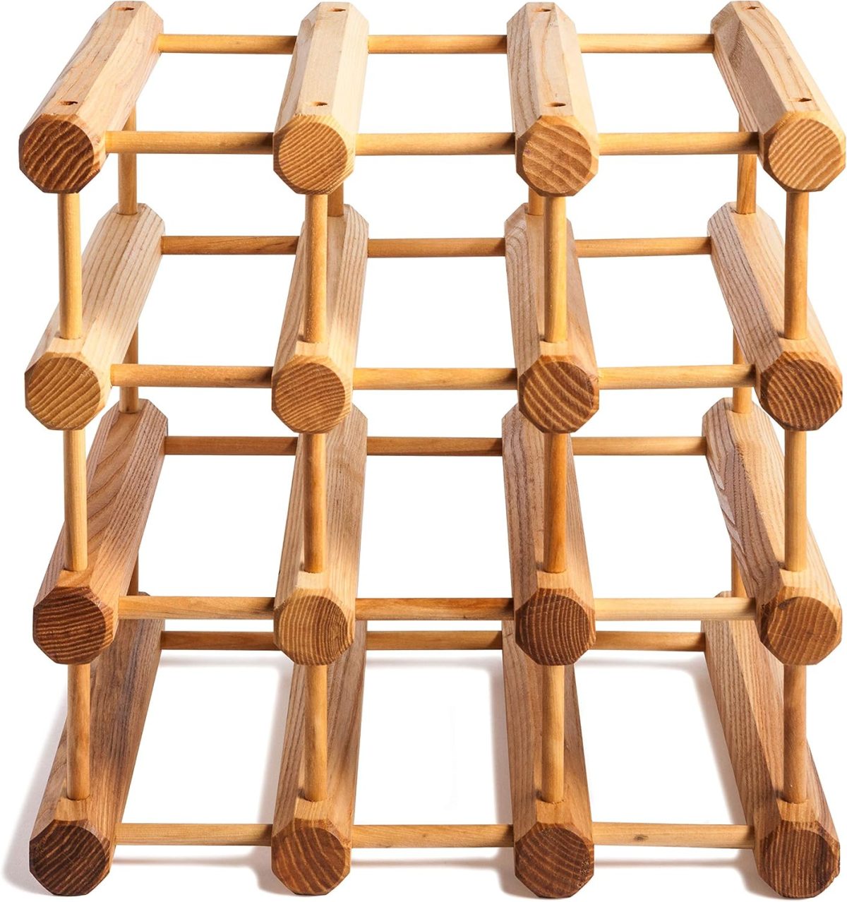 A wooden wine rack with a grid structure, perfect for a home wine cellar, designed to hold multiple bottles horizontally in three rows and four columns.