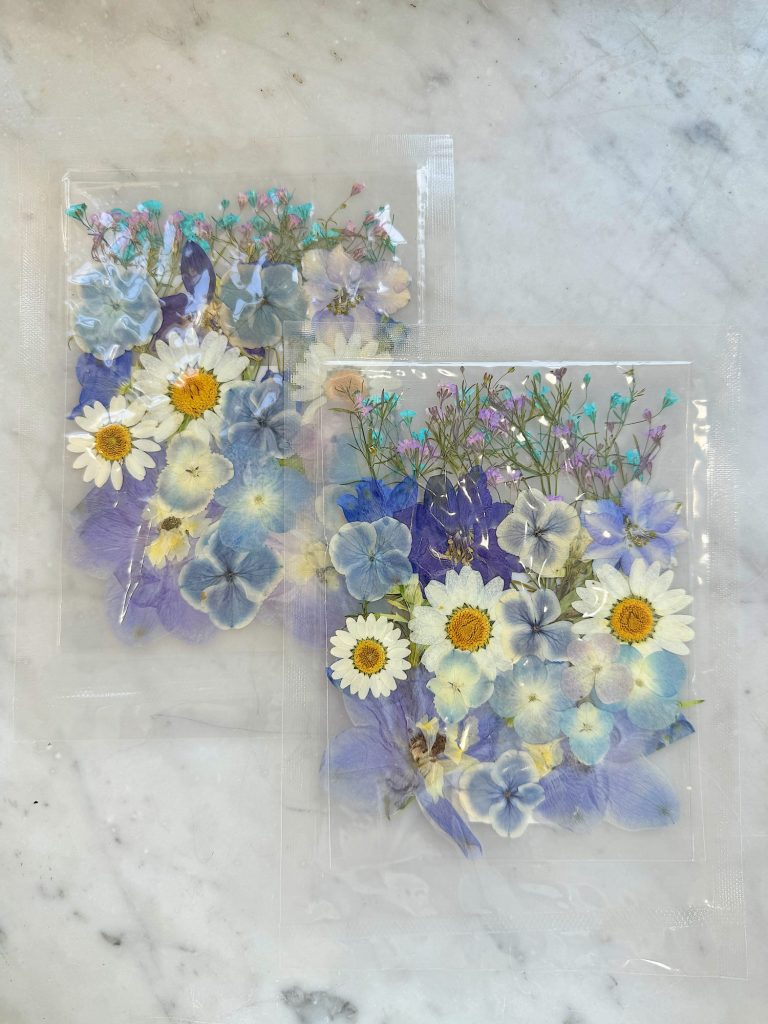 Two clear plastic sleeves containing an assortment of pressed flowers, including daisies, hydrangeas, and other small blue and purple wildflowers, laid on a marble surface.