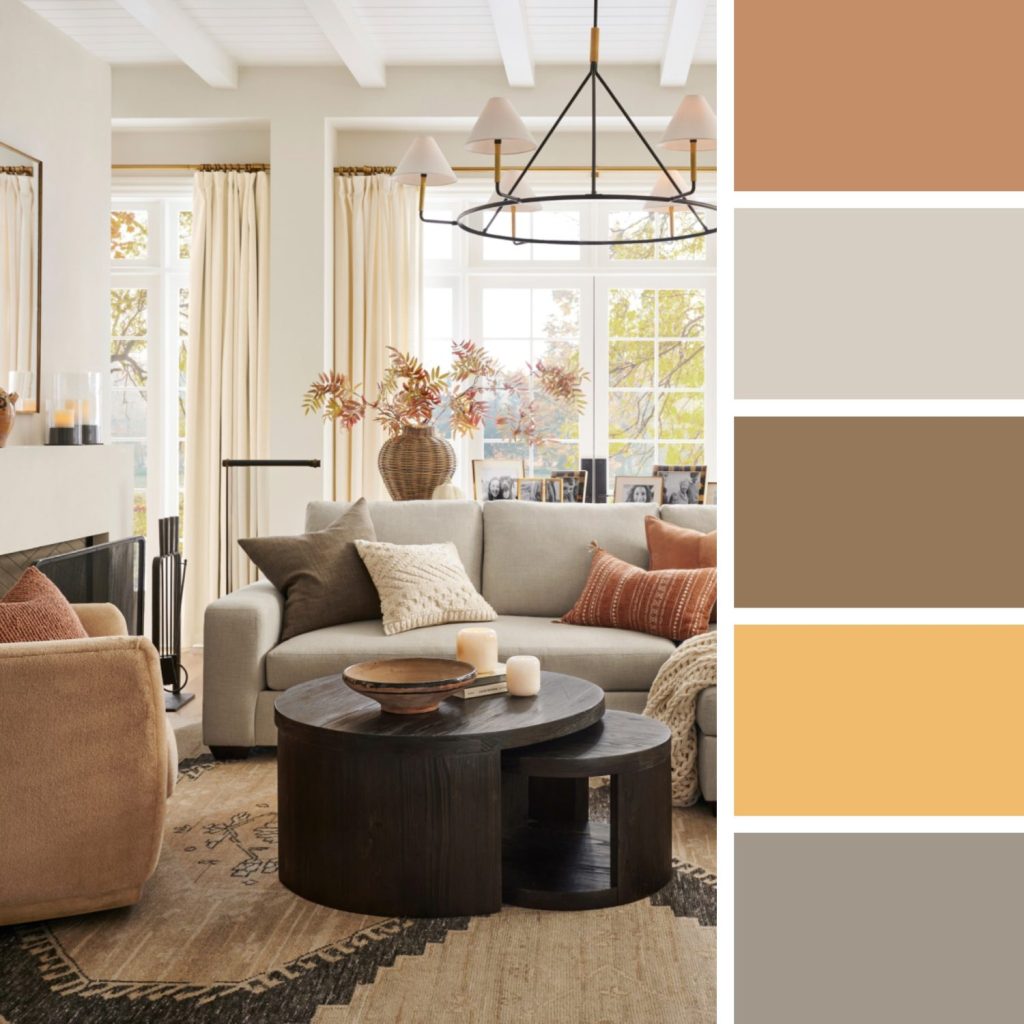 A cozy living room with beige sofas, brown and orange pillows, a black round coffee table, and a color swatch showing shades of beige, brown, gray, and yellow. Natural light from large windows.