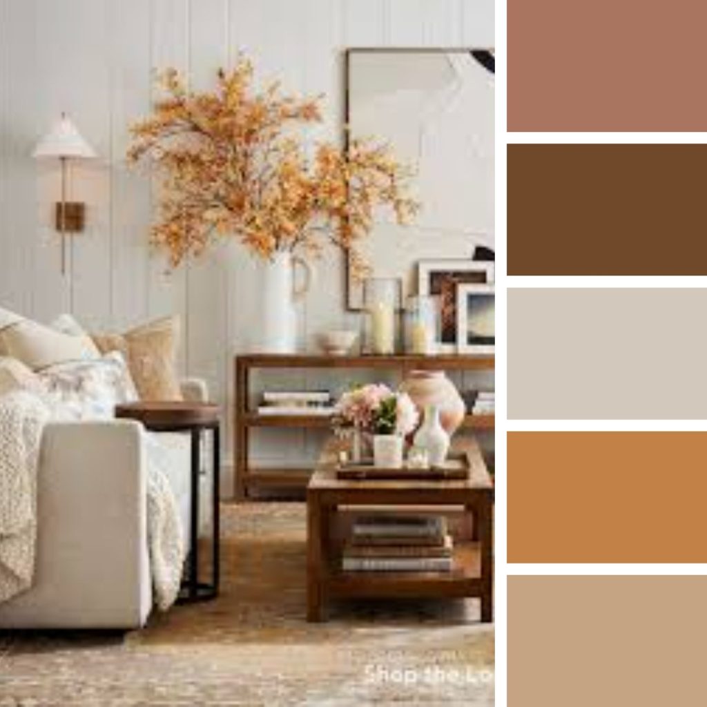 A cozy living room with neutral-toned decor, light wood furniture, and autumnal accents. A color palette alongside features shades of brown, beige, and light orange.