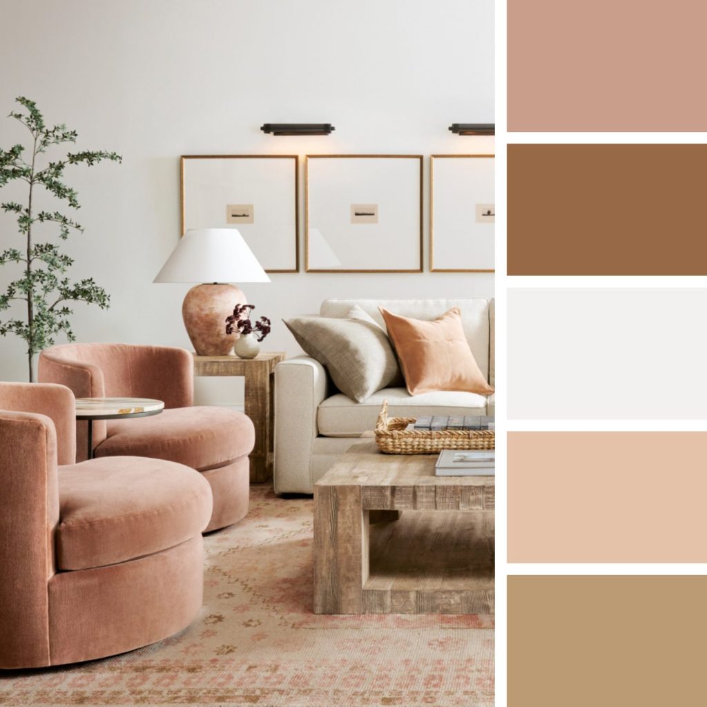 A cozy living room with a beige sofa, two peach armchairs, a large lamp, and a wooden coffee table. The wall features framed art. A color palette on the right shows shades of beige, brown, and peach.