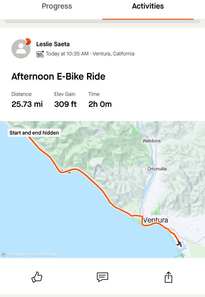 Screenshot of a cycling app showing details of an afternoon e-bike ride in Ventura, California. The ride covered 25.73 miles with 309 feet of elevation gain in 2 hours. Map route is highlighted in orange.