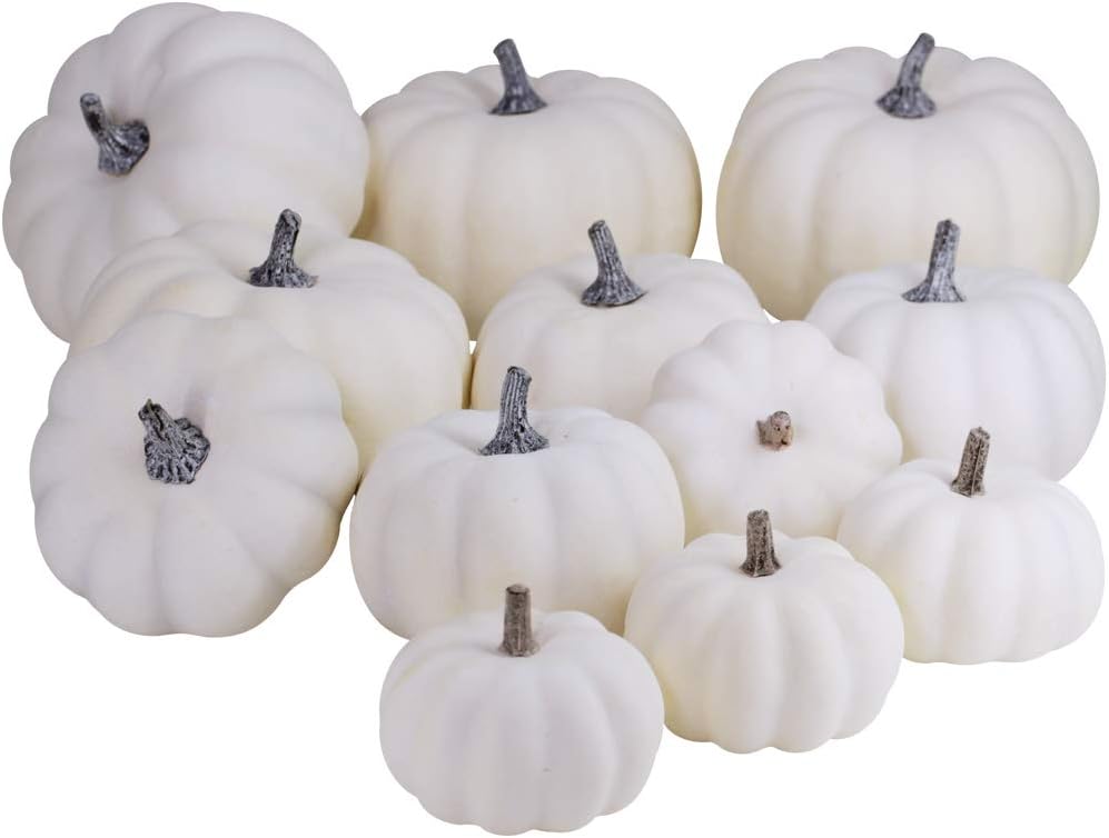 A group of small, white pumpkins with gray stems arranged closely together on a plain background—perfect inspiration for pumpkin crafts.