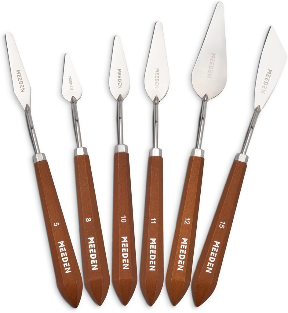 Five metal palette knives with wooden handles of varying shapes and sizes, each labeled with "MEEDEN" and a number, arranged side by side—ideal for creating stunning flower cake decorations.