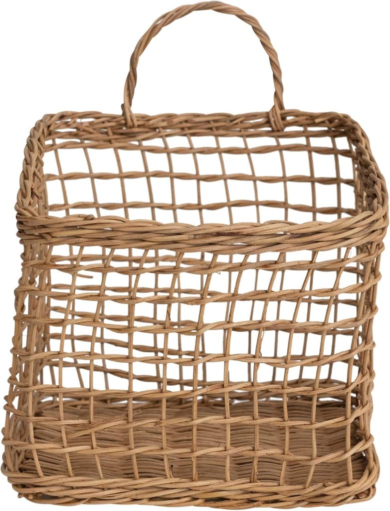 A rectangular wicker basket with an open-grid design and a single handle on top, perfect for adding rustic charm to your fall home decor.