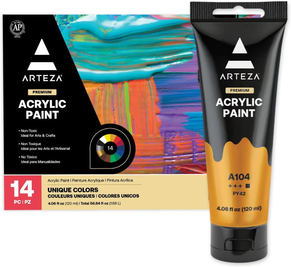 A box of Arteza Premium Acrylic Paint with colorful brush strokes, a door wreath motif, and a tube of yellow acrylic paint labeled A104 PY42, 4.06 fl oz (120 ml).