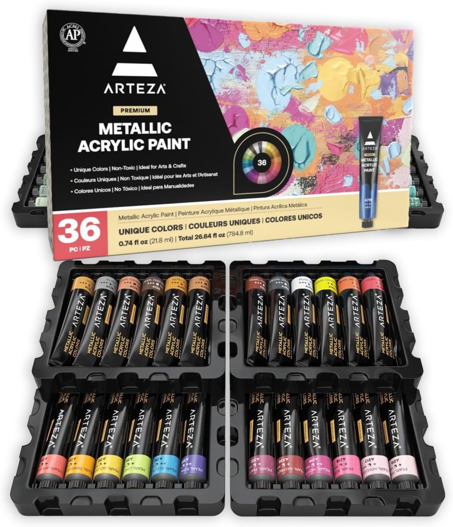 Arteza Premium Metallic Acrylic Paint set with 36 tubes, each 0.74 fl oz, displayed in black trays—perfect for adding shimmer to your door wreath designs; packaging features vibrant abstract art.