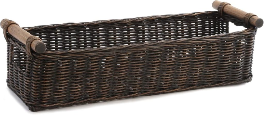 Rectangular dark brown woven wicker basket with two round wooden handles on opposite sides, perfect for adding a touch of rustic charm to your fall room decor; empty and photographed against a white background.