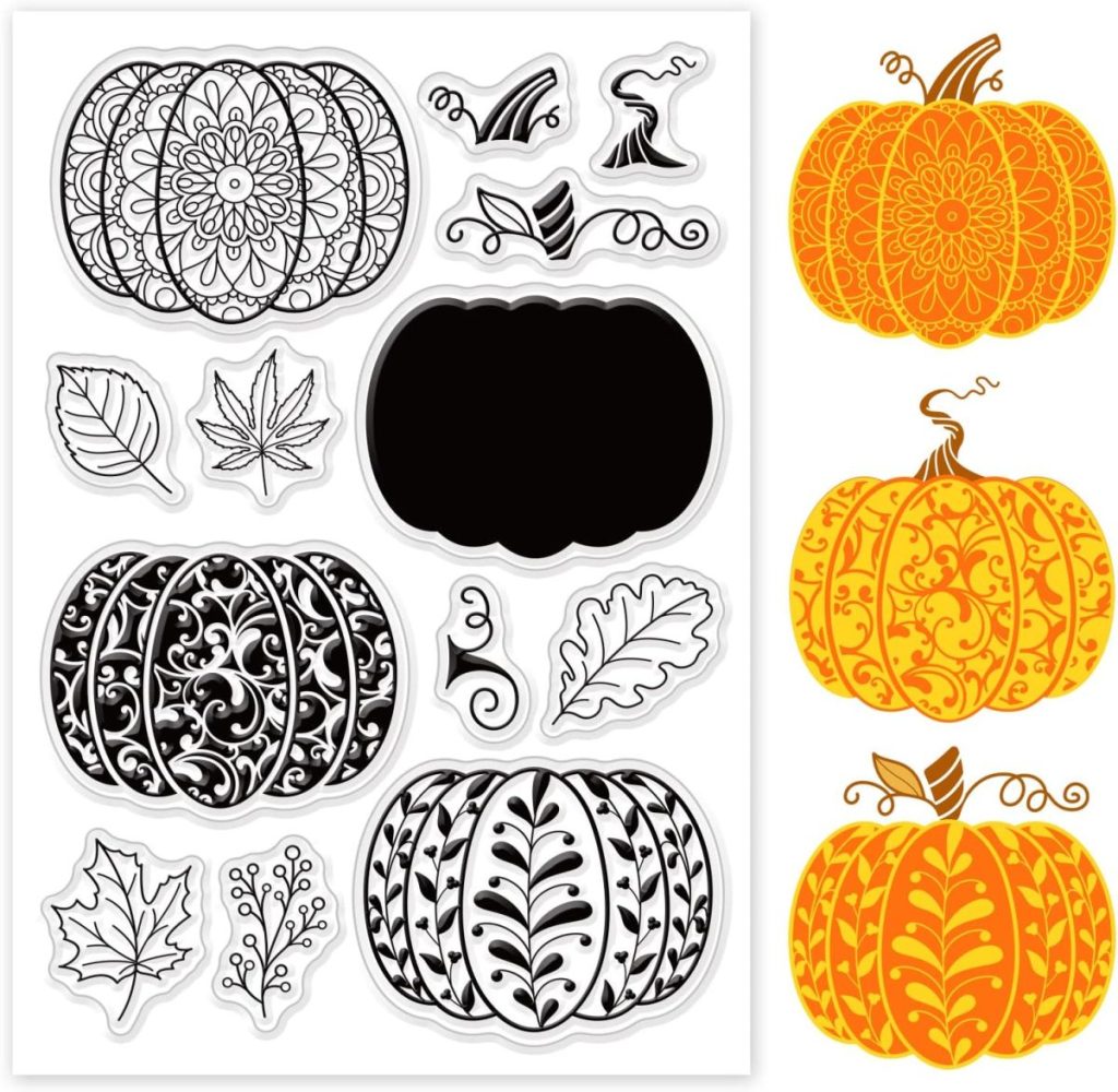 A collection of intricately patterned pumpkin and leaf stamps on the left, with three ornate orange pumpkins on the right—perfect as a festive accent for your fall table runner.
