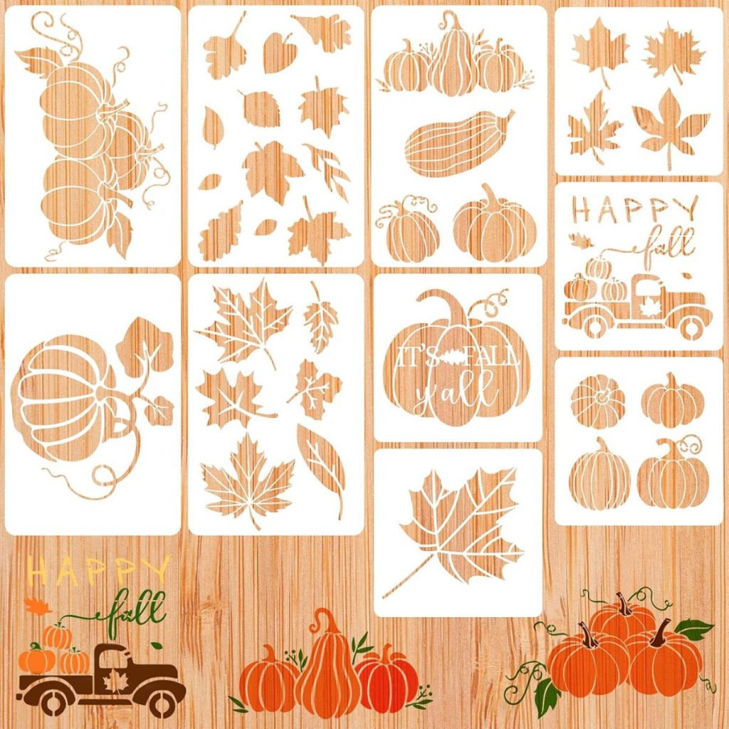 A collection of autumn-themed stencils featuring pumpkins, leaves, a vintage truck, and fall-themed phrases on a wooden background—perfect for decorating crafts or creating beautiful designs on fall cookies.