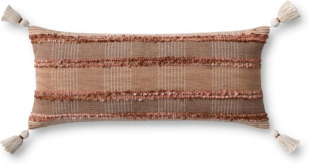 Rectangular decorative pillow with a woven texture in shades of brown and beige, featuring horizontal stripes and tassels at each corner—perfect for cozy fall home decor.