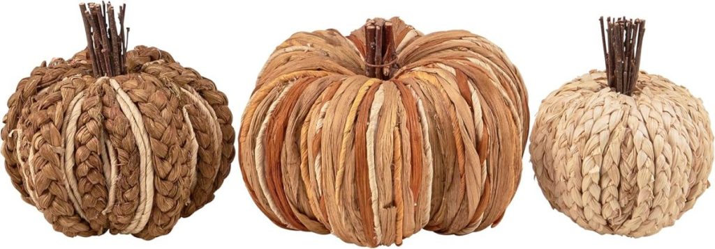 Three decorative pumpkins made from woven natural fibers in various shades of brown, each with a short twig stem, are arranged side by side against a white background—perfect for adding rustic charm to your fall home decor.