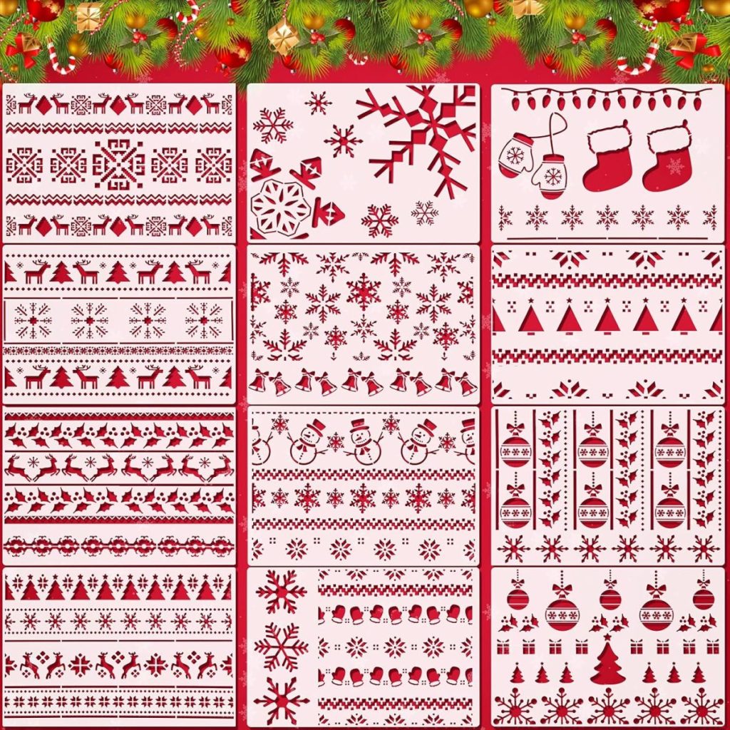 Twelve red and white stencil sheets with various Christmas-themed patterns—perfect for decorating fall cookies—featuring snowflakes, stockings, ornaments, trees, reindeer, and snowmen, displayed under pine garland decor.