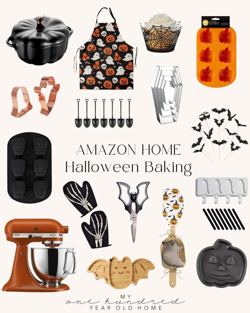 A collage of various Halloween-themed baking items including molds, cookie cutters, utensils, and decorations available on Amazon.