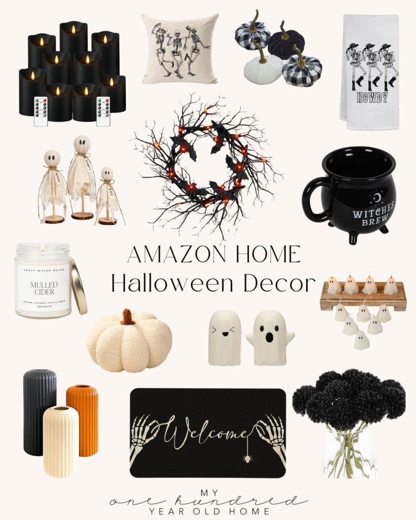 A collage featuring various Halloween-themed home decor items, including candles, pillows, a wreath, mugs, a doormat, figurines, and shelf decorations, all available from Amazon Home.