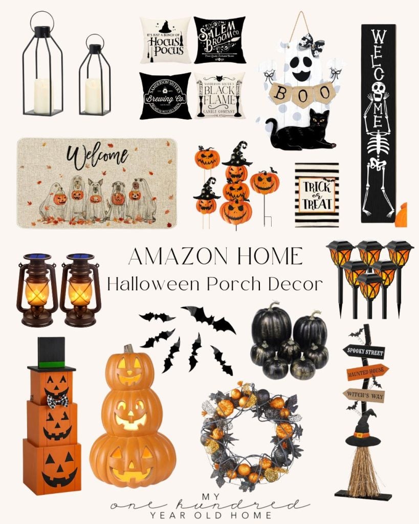 A collage showcasing various Halloween porch decorations available on Amazon Home, including lanterns, wreaths, pumpkins, banners, and signs in a Halloween-themed setup.