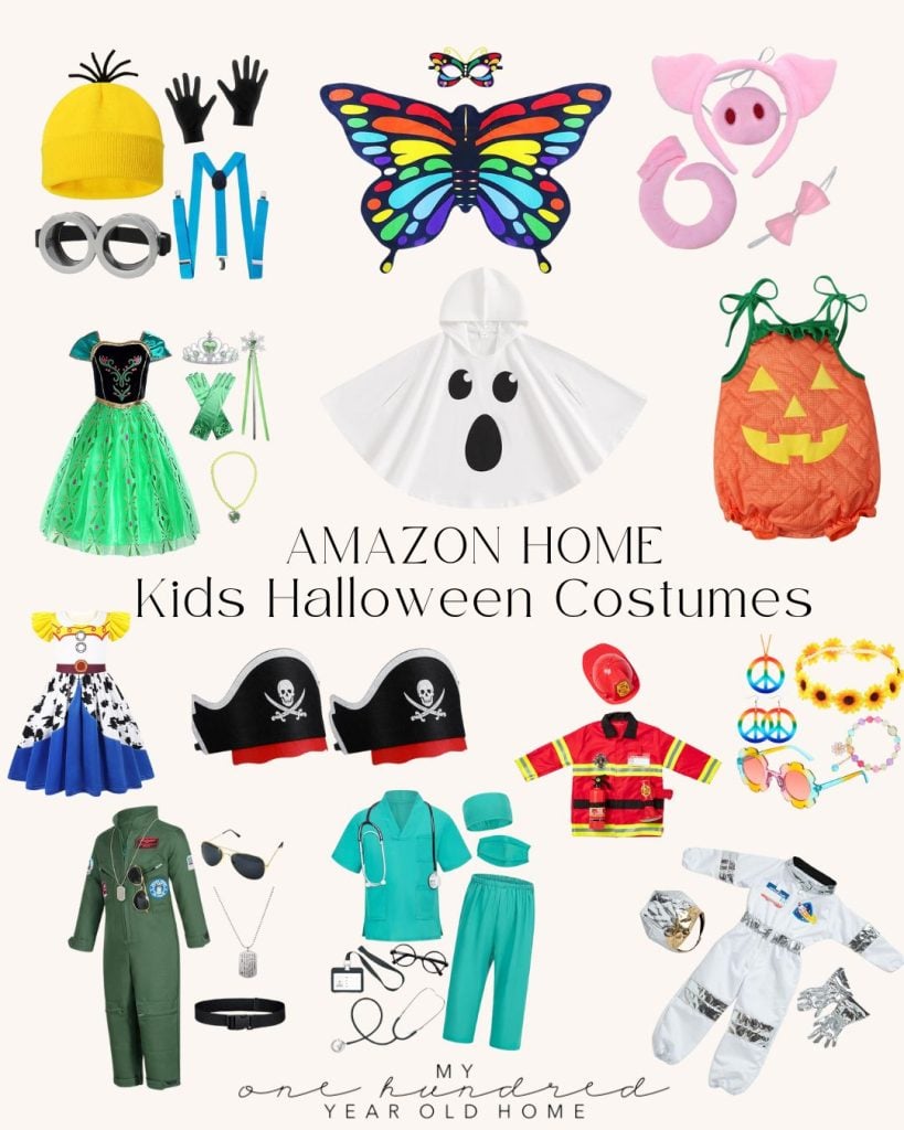 A collage of various kids Halloween costumes, including a butterfly, ghost, pumpkin, pirate, firefighter, astronaut, and doctor, with "AMAZON HOME Kids Halloween Costumes" text in the center.