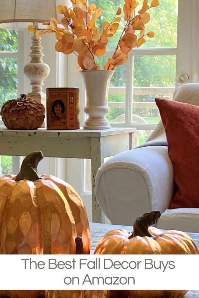 A cozy living room setup with autumn decor including carved pumpkins, a white vase with orange leaves, a white armchair with orange pillows, and a table with a lamp and a small book. Text reads "The Best Fall Decor Buys on Amazon".