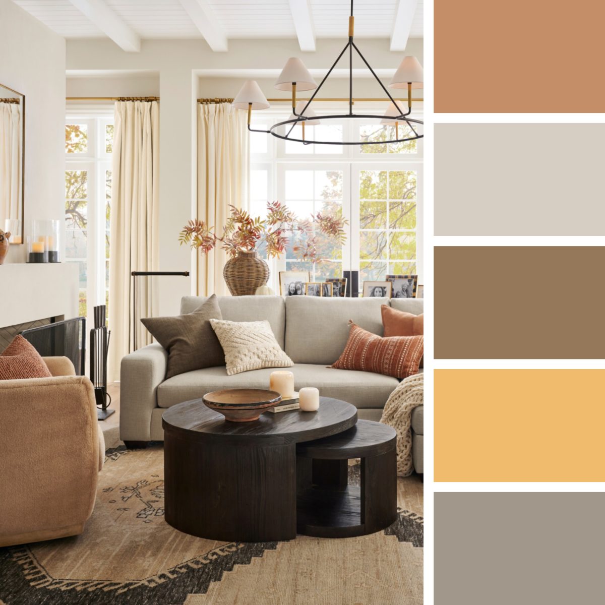 A cozy living room featuring a beige sofa, round black coffee tables, a neutral color palette, and large windows with beige curtains. A color swatch with complementary hues is displayed on the right.