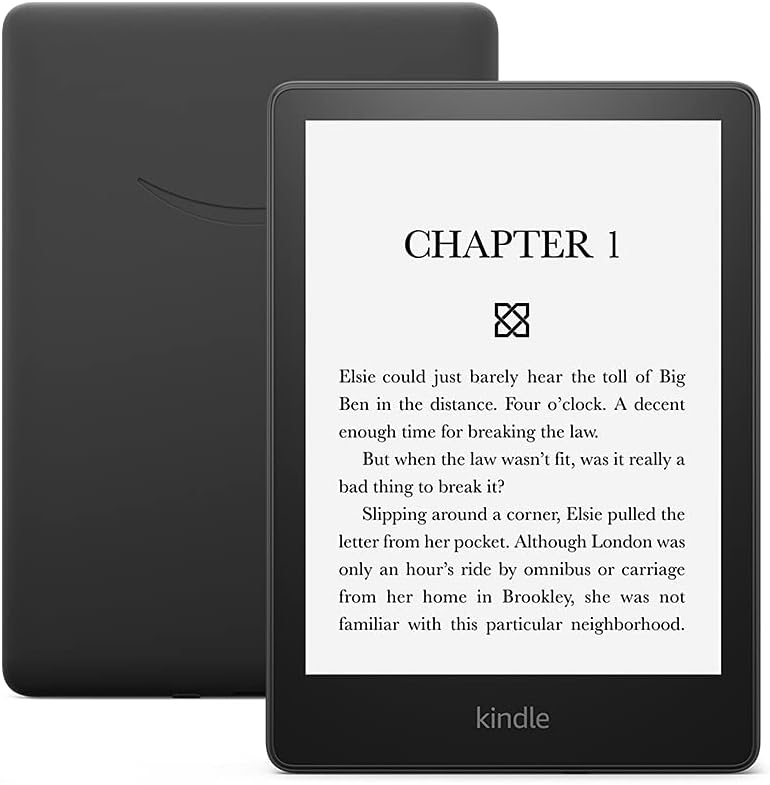 A Kindle e-reader displaying the first page of a book titled "Chapter 1," with text describing a scene in London involving a character named Elsie.