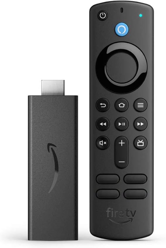 A Fire TV Stick and its remote control are displayed. The stick has a USB-like connector, and the remote features buttons including a circular navigation pad, volume controls, and a microphone button for voice commands.