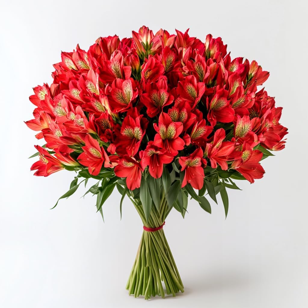 A large, tightly bound bouquet of vibrant red alstroemeria flowers, perfect for fall flower arrangements, against a plain white background.