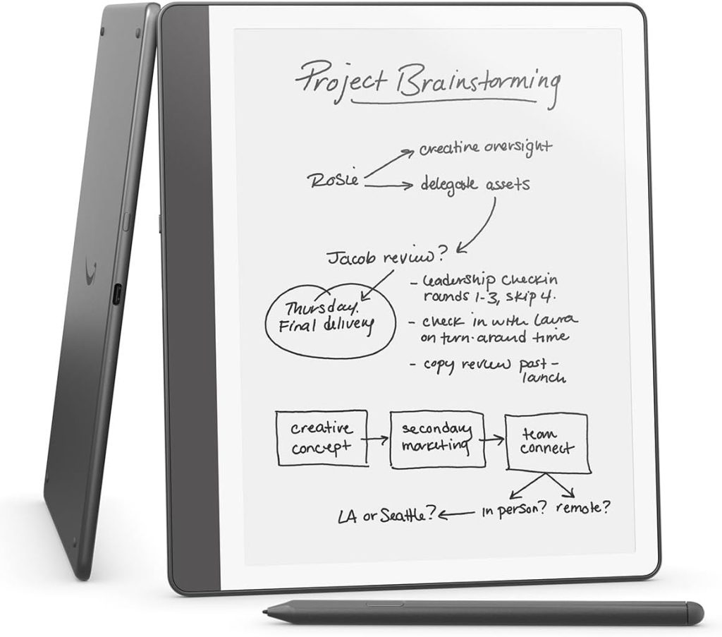 A tablet displaying handwritten project brainstorming notes with flowcharts, a stylus placed in front, and a subtle fall pumpkin accent in the background.