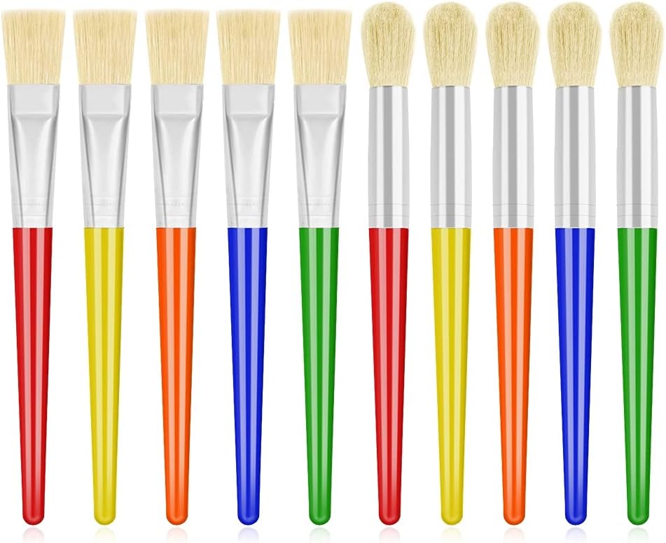 A set of ten paintbrushes with colorful handles (red, yellow, blue, green, and orange) and white bristles, arranged in a row.