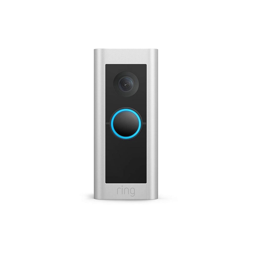 A silver rectangular video doorbell with a camera lens at the top and a circular button with a blue ring in the center, labeled "ring" at the bottom.