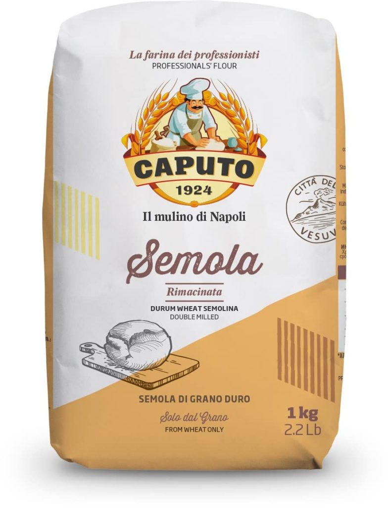 A 1 kg bag of Caputo Semola Rimacinata durum wheat flour with a baker logo, product details, and yellow and white packaging—perfect for creating delicious Fall Pasta Recipes.