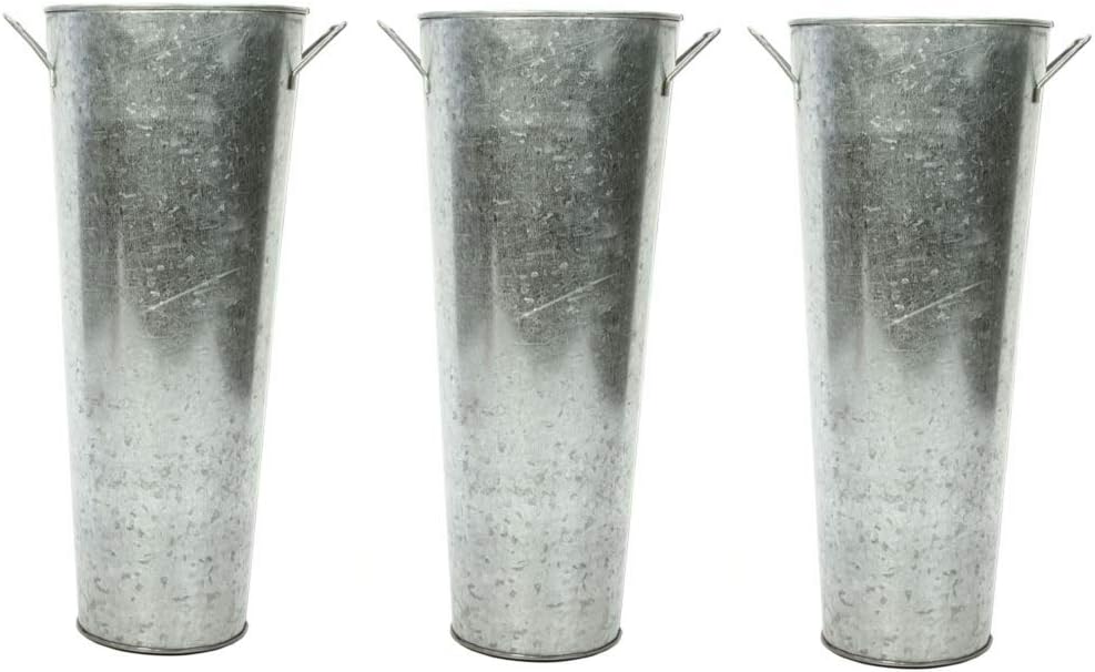 Three tall, galvanized metal buckets with slightly flared tops and side handles, arranged in a row, perfect for showcasing fall flower arrangements.