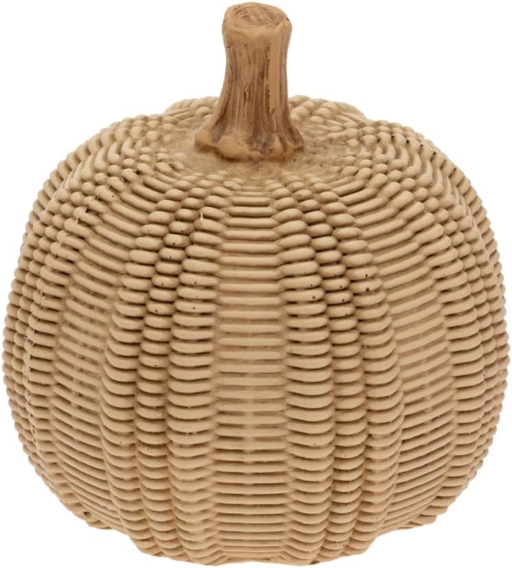 A beige fall pumpkin with a textured, woven basket-like surface and a short, brown stem adds cozy charm to any decor.