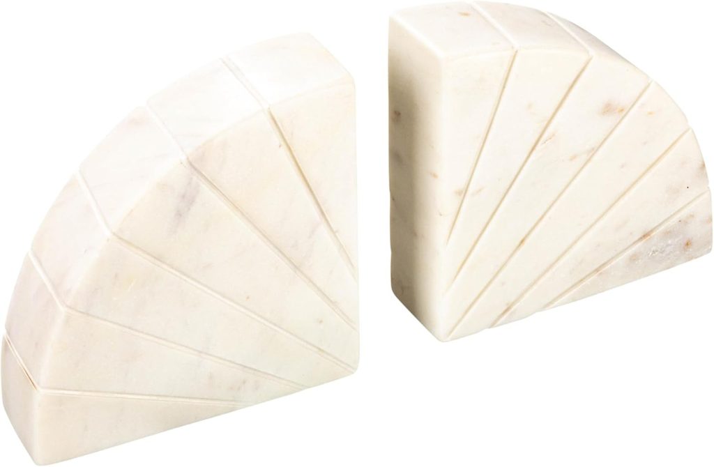 Two white marble geometric bookends with a fan-shaped, segmented design, perfect for A Home to Share, positioned side by side on a white background.