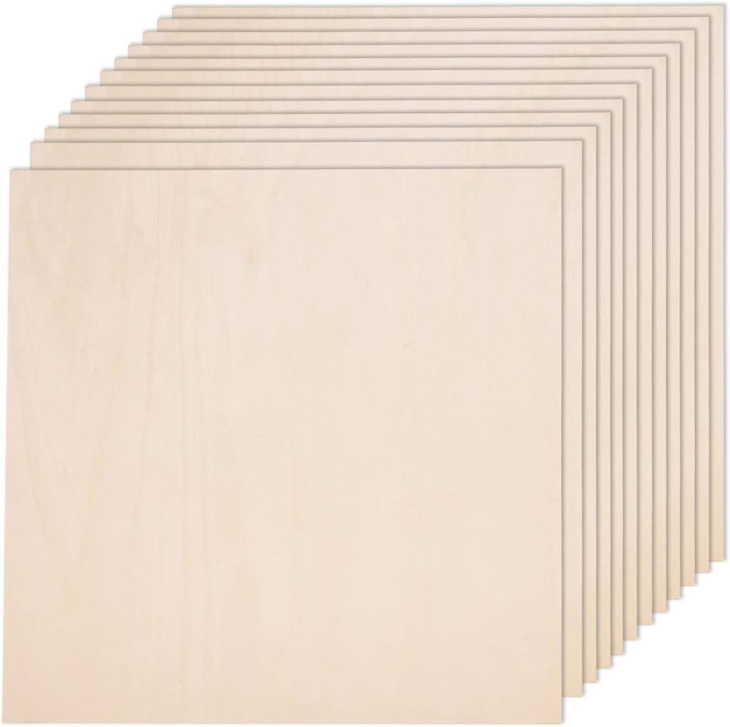 A stack of twelve square plywood sheets, each with a smooth, light-colored surface, ideal for use as plate chargers at your next event.