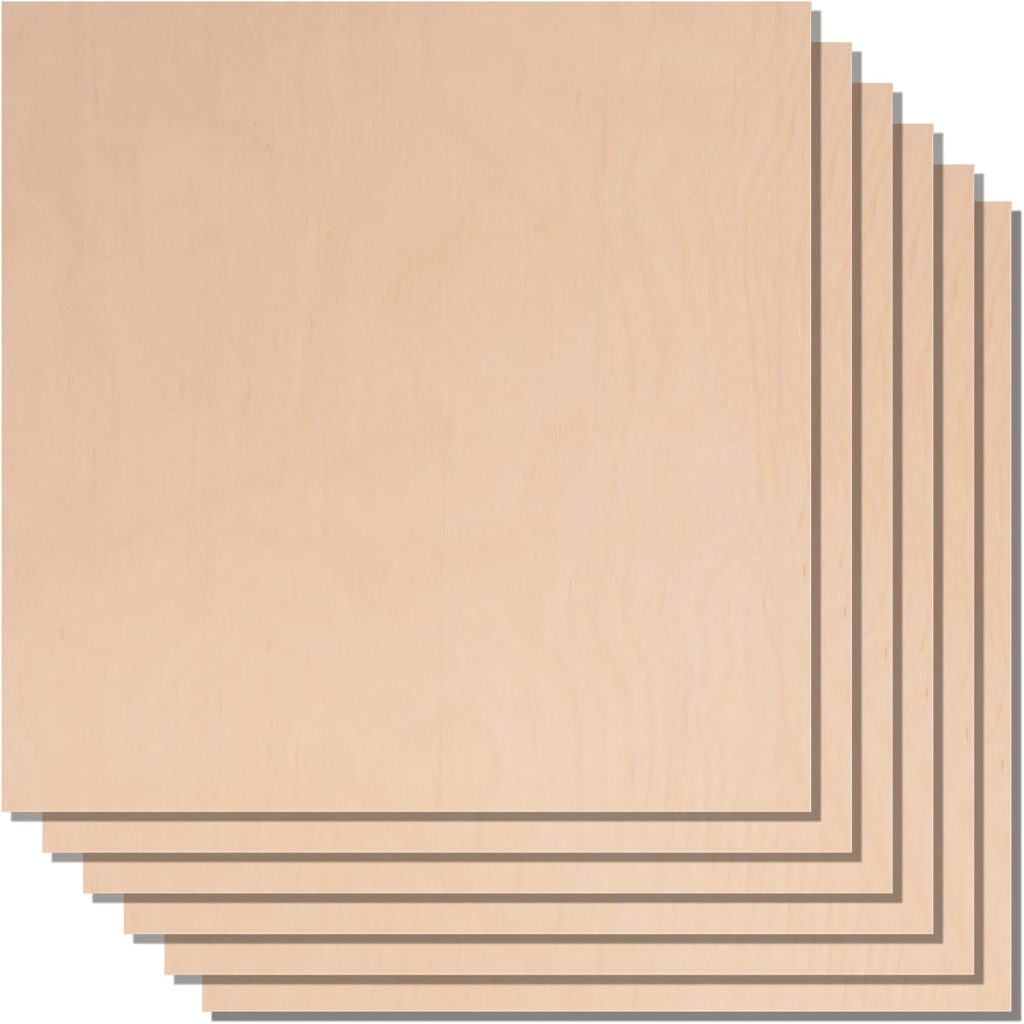 A stack of six thin, square, light-colored wooden sheets, resembling elegant plate chargers, aligned slightly apart to reveal their edges and surfaces.