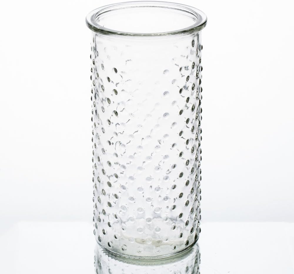 A clear, cylindrical glass vase with a textured dotted surface, perfect for displaying painted pumpkin arrangements.