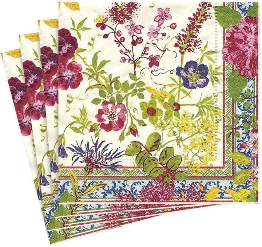 Four stacked floral-patterned napkins featuring colorful flowers and leaves with a decorative blue and yellow border on a white background, perfect for pairing with wood charger plates at your next gathering.