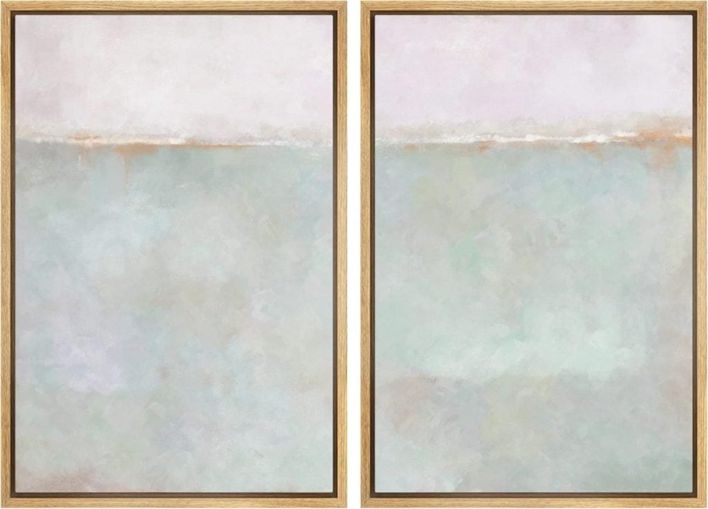 Two abstract paintings with soft pastel colors, primarily light green, white, and beige, framed in light wood. They feature indistinct horizontal lines, creating a serene, minimalist effect.