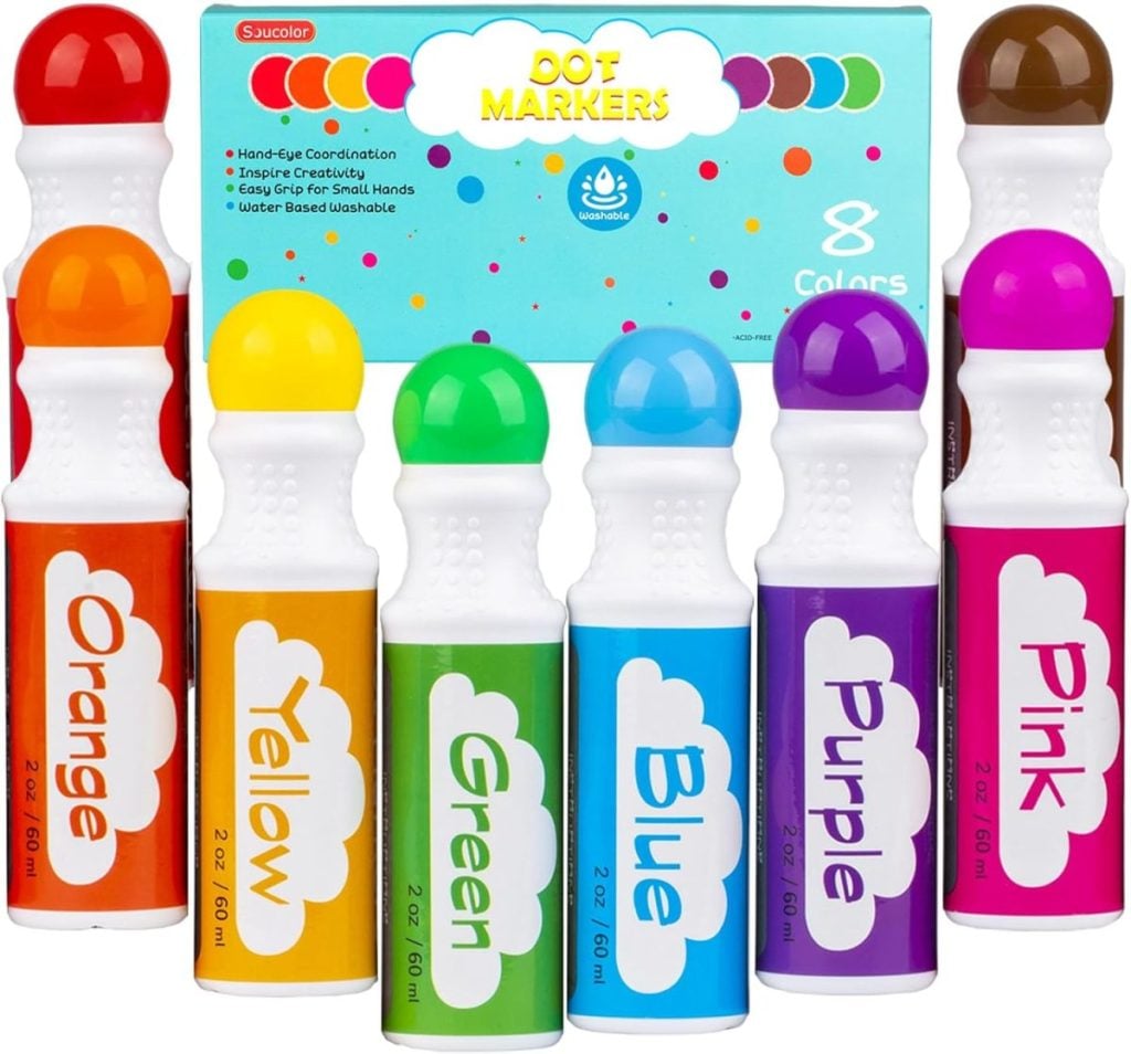 A set of eight dot markers in various colors (orange, yellow, green, blue, purple, pink, brown, and red) with a box labeled "Dot Markers" in the background.